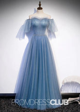 Sabina |Long Light Blue Prom Dresses Stores With Sweetheart - Neck Tulle Flare Sleeves Beaded Sequin - Price #price_variant_lowest# - Light Blue - PromDressClub